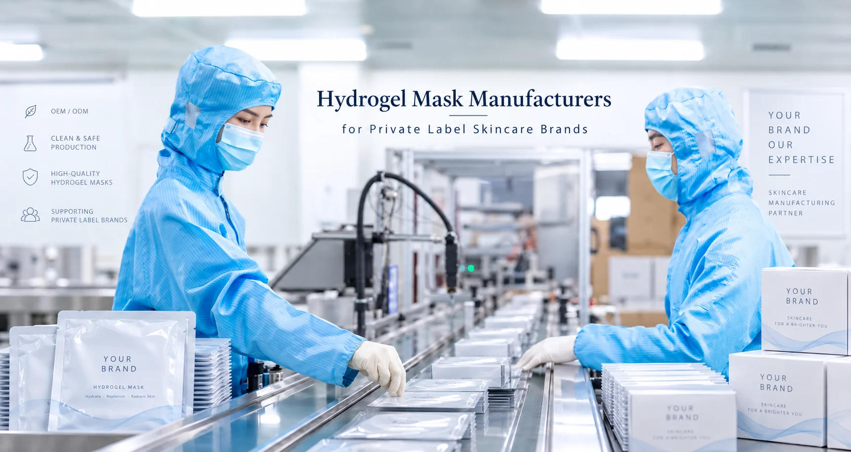 Workers in blue sterile suits operate machinery and handle packaged hydrogel masks in a clean manufacturing facility.